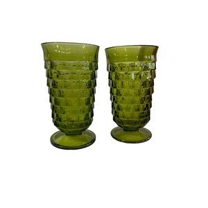 Vtg Indiana Glass Whitehall Avocado Green Cubist Iced Tea Tumblers 6” Set of 2